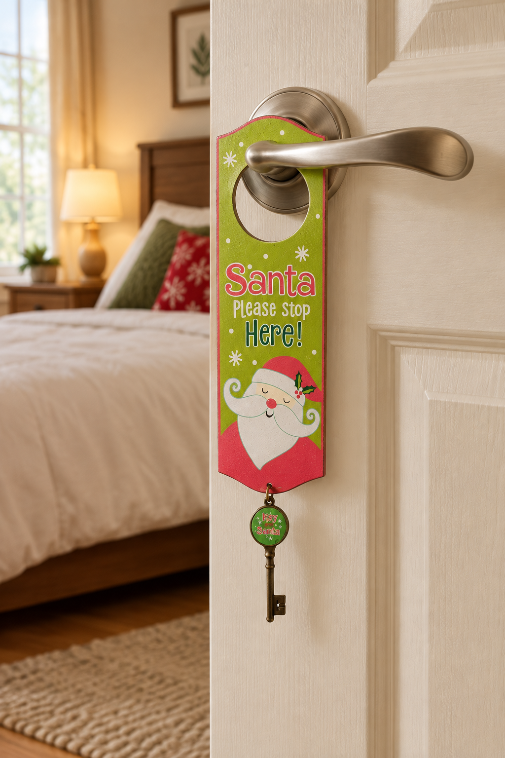 a Santa stop here sign with a key on a bedroom door