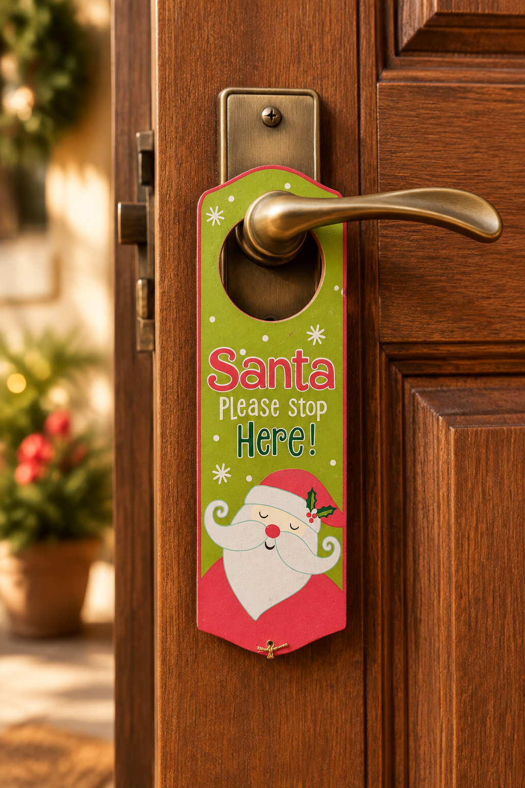 a santa stop here sign on a handle of a brown front door