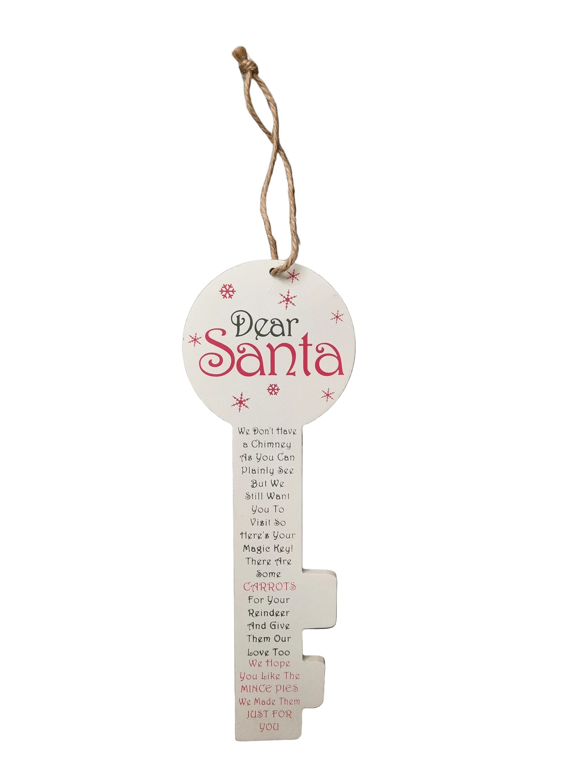 A wooden key-shaped Christmas ornament with a hanging twine loop, featuring a round top with 'Dear Santa' in red and black lettering, and the Santa Clause poem printed down the key in black and red text on a white background.