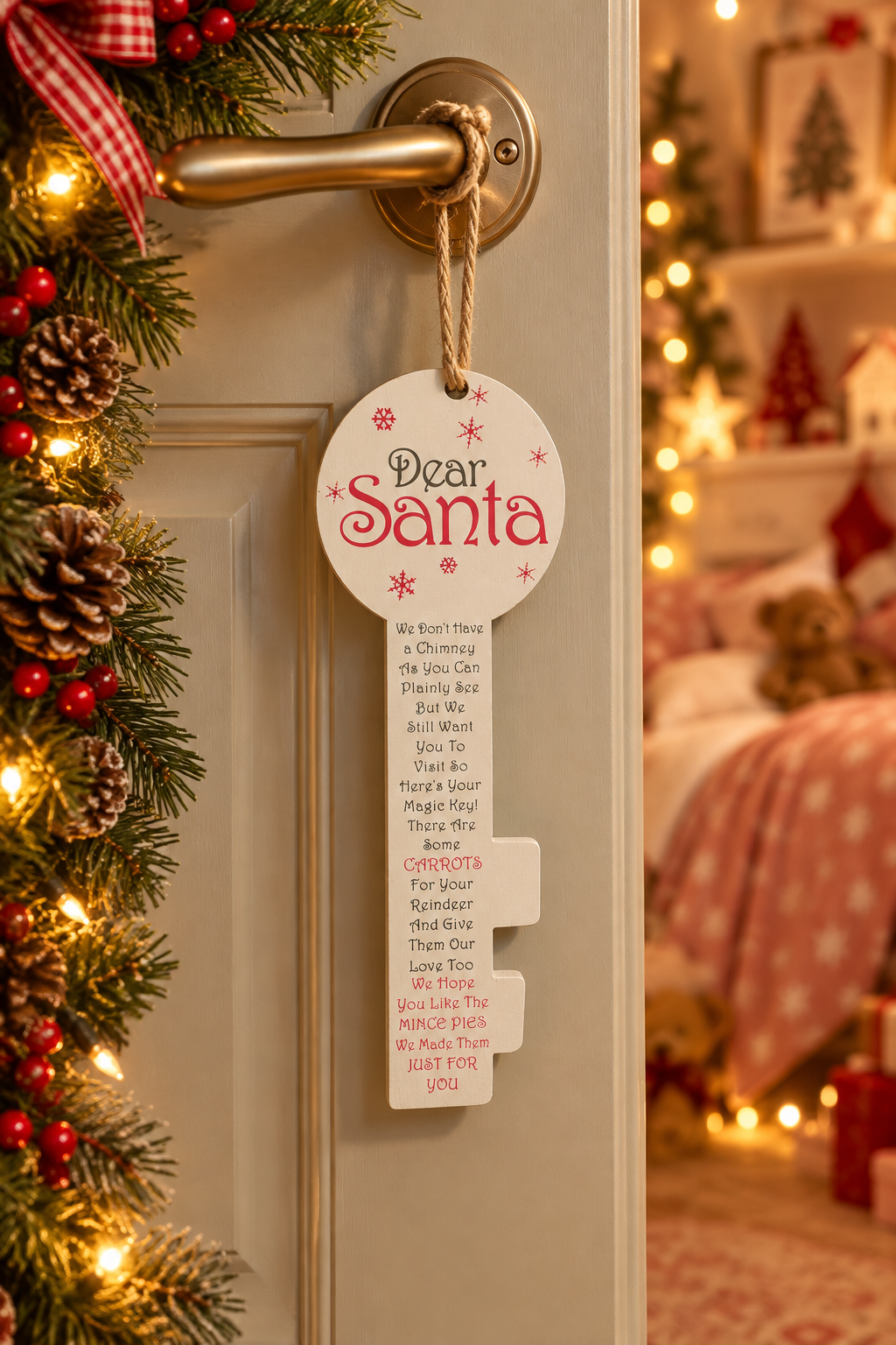 A round white Christmas door hanger with the word 'Santa' in red script and a long folded message below, hanging from a brass doorknob on a gray door decorated with a lit holiday tree and warm lights.
