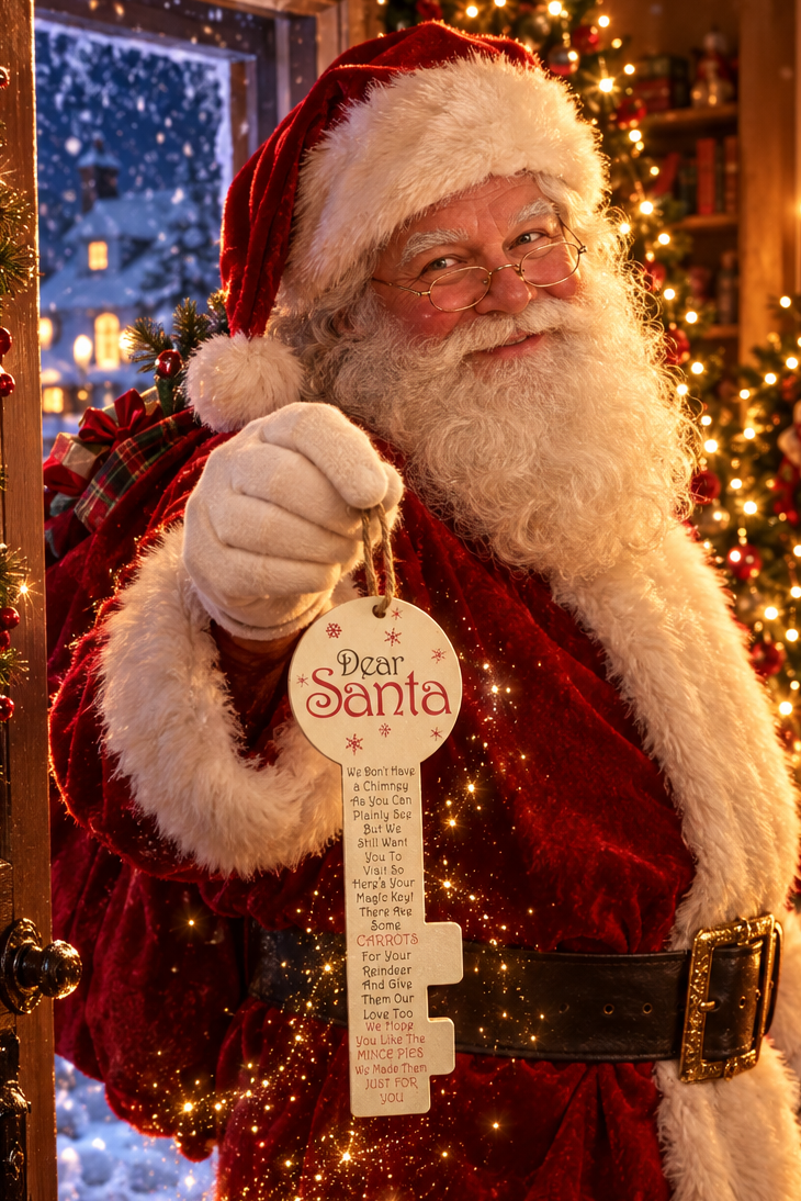 A Santa Claus figure or costume stands in a warmly lit Christmas living room doorway, holding up a hanging tag that reads 'Please Santa.' The scene is decorated with lights.
