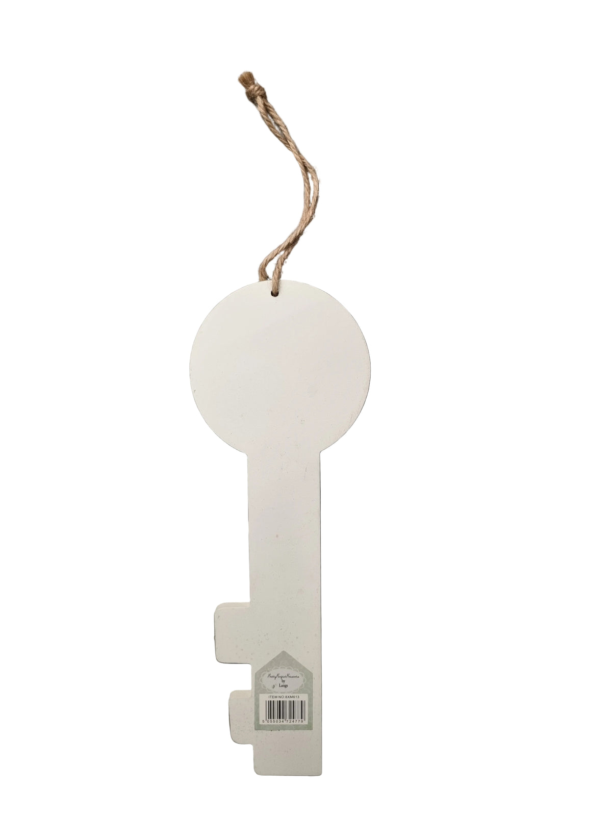 A white wooden key-shaped hanging ornament with a natural jute twine loop at the top, shown against a white background.