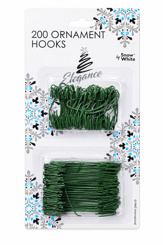 A package of 200 green wire Christmas ornament hooks, labeled 'Snow White' on a white card with blue and gray snowflake designs, set against a white background