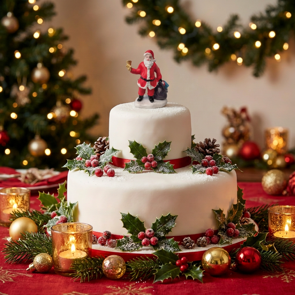 A decorated two-tier white cake topped with a Santa Claus figurine, surrounded by holly, pinecones, red berries, candles, and festive ornaments in a warm holiday setting.