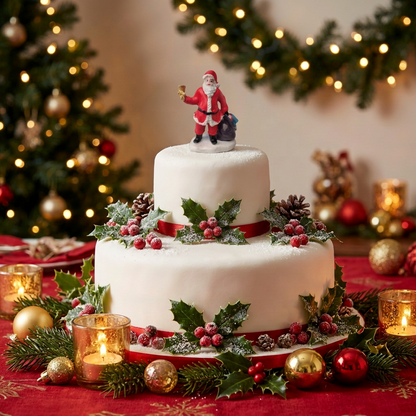 A decorated two-tier white cake topped with a Santa Claus figurine, surrounded by holly, pinecones, red berries, candles, and festive ornaments in a warm holiday setting.
