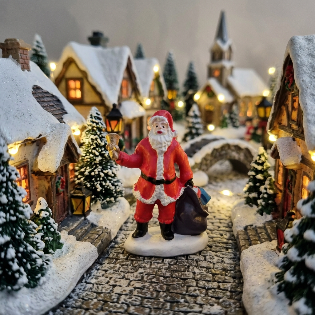 A festive Christmas mini village scene with a Santa Claus figurine standing on a cobblestone path between snow-covered houses, lit by warm yellow window lights and lanterns.