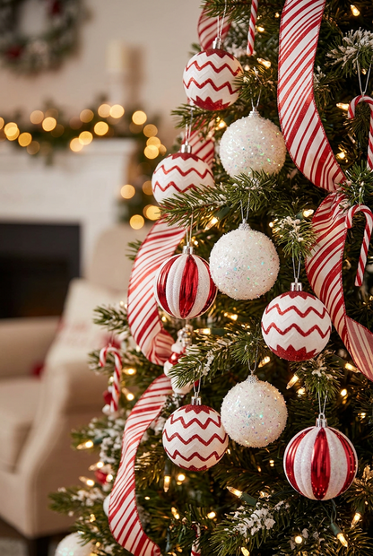Red and White Candy Cane Theme Luxury 6cm Baubles, Matt and Shiny with Glitter and Texture Detail, Pack of 24