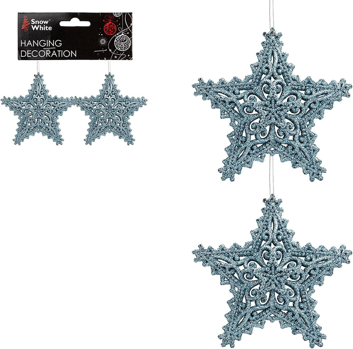 Pair of Hanging Glitter Stars Christmas Decorations in Red, Rose Gold, Gold, Silver, and Ice Blue