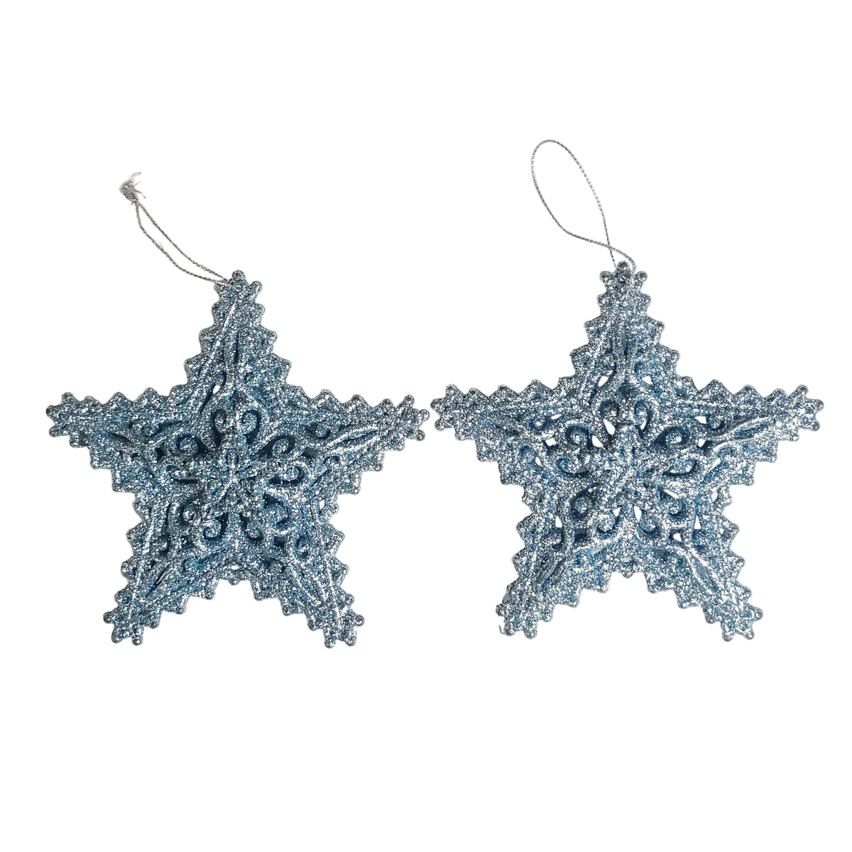 Two blue glittery star-shaped Christmas ornaments with silver hanging loops, displayed on a clean white background.