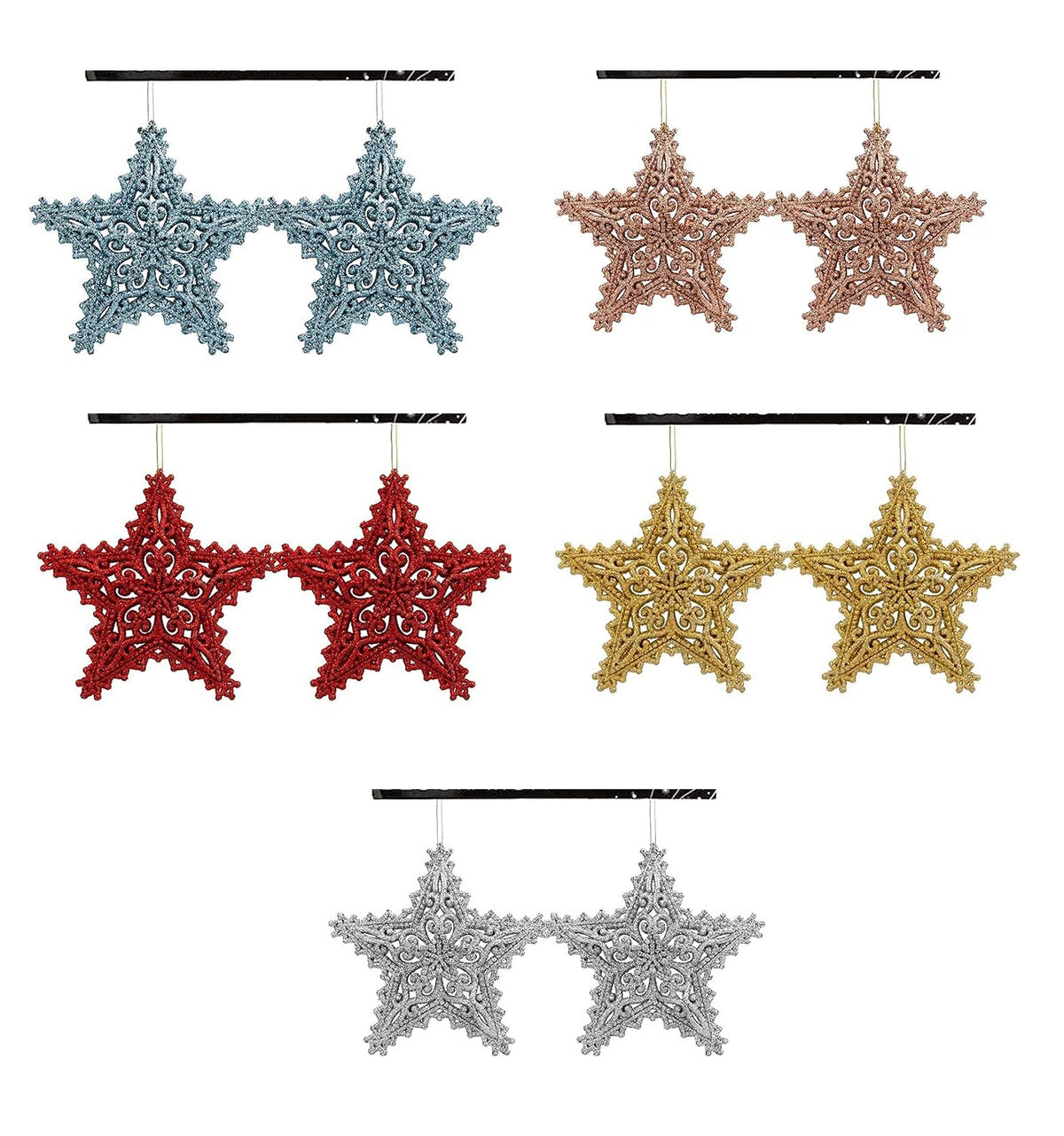 Pair of Hanging Glitter Stars Christmas Decorations in Red, Rose Gold, Gold, Silver, and Ice Blue