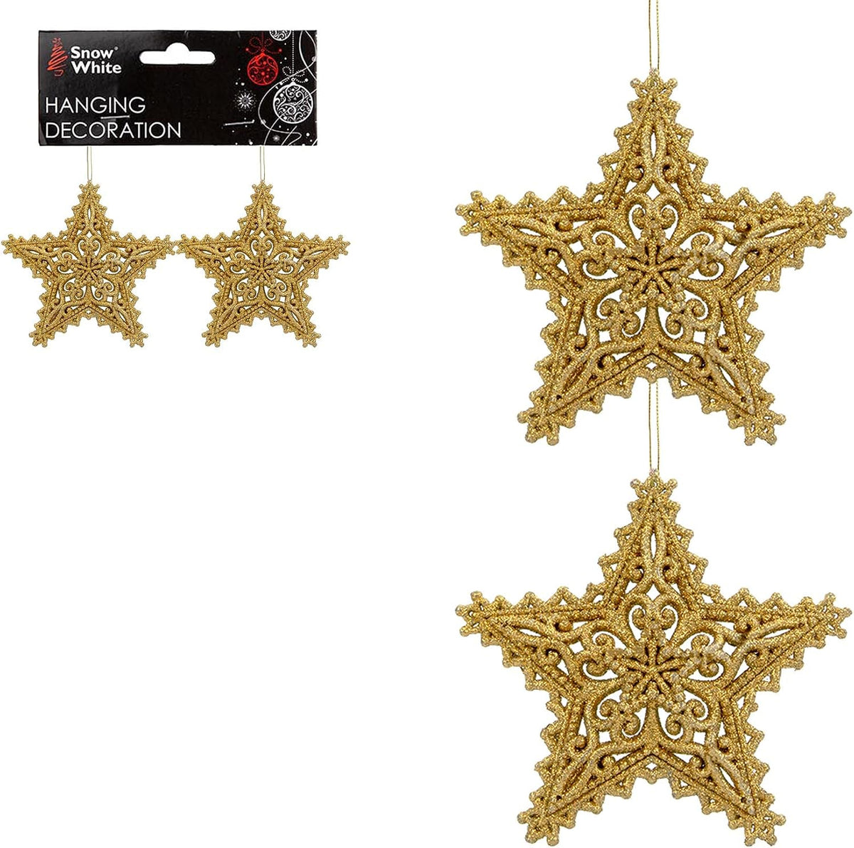 Pair of Hanging Glitter Stars Christmas Decorations in Red, Rose Gold, Gold, Silver, and Ice Blue