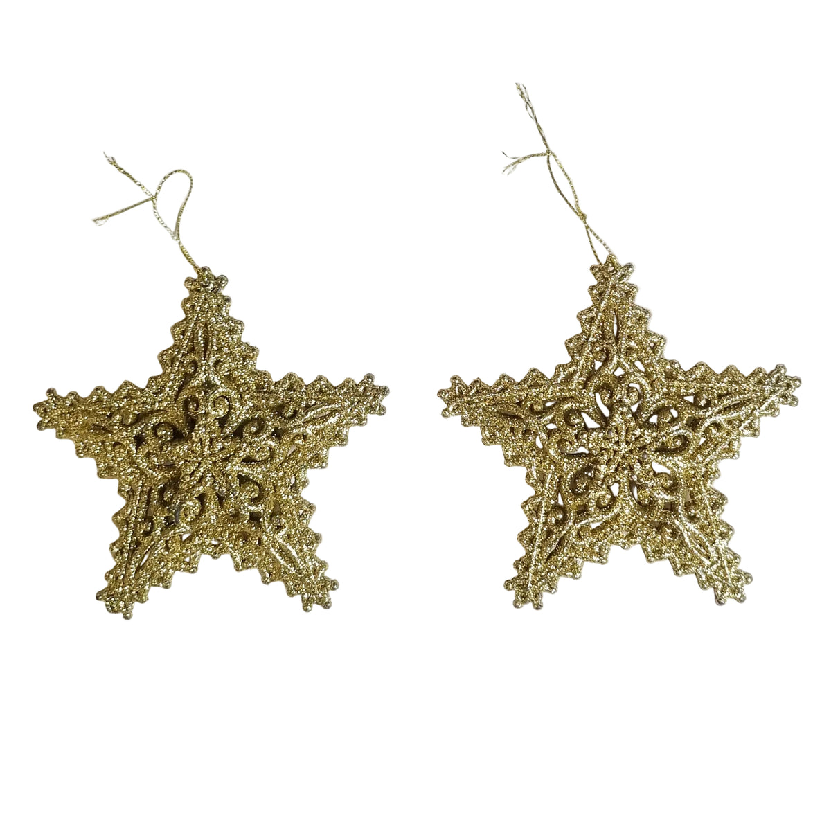 Two gold glittery star-shaped Christmas ornaments with hanging loops, displayed on a plain white background.