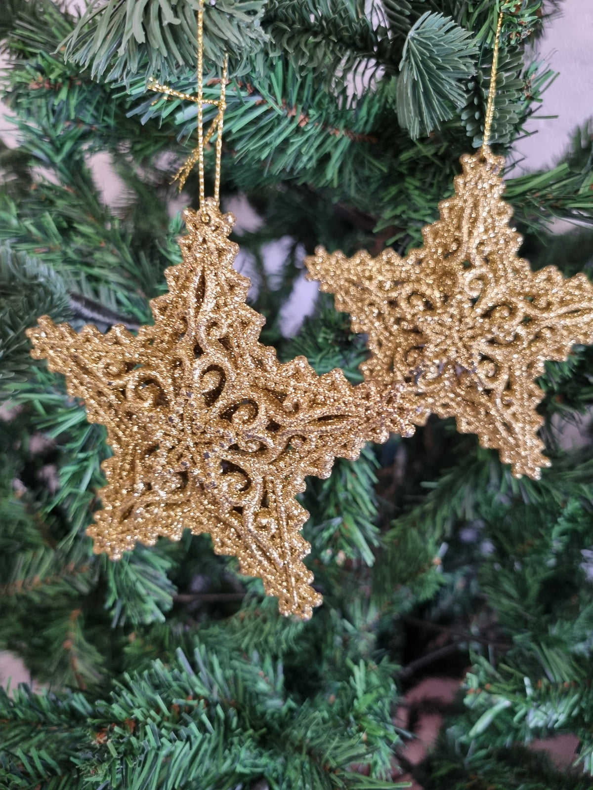 Pair of Hanging Glitter Stars Christmas Decorations in Red, Rose Gold, Gold, Silver, and Ice Blue