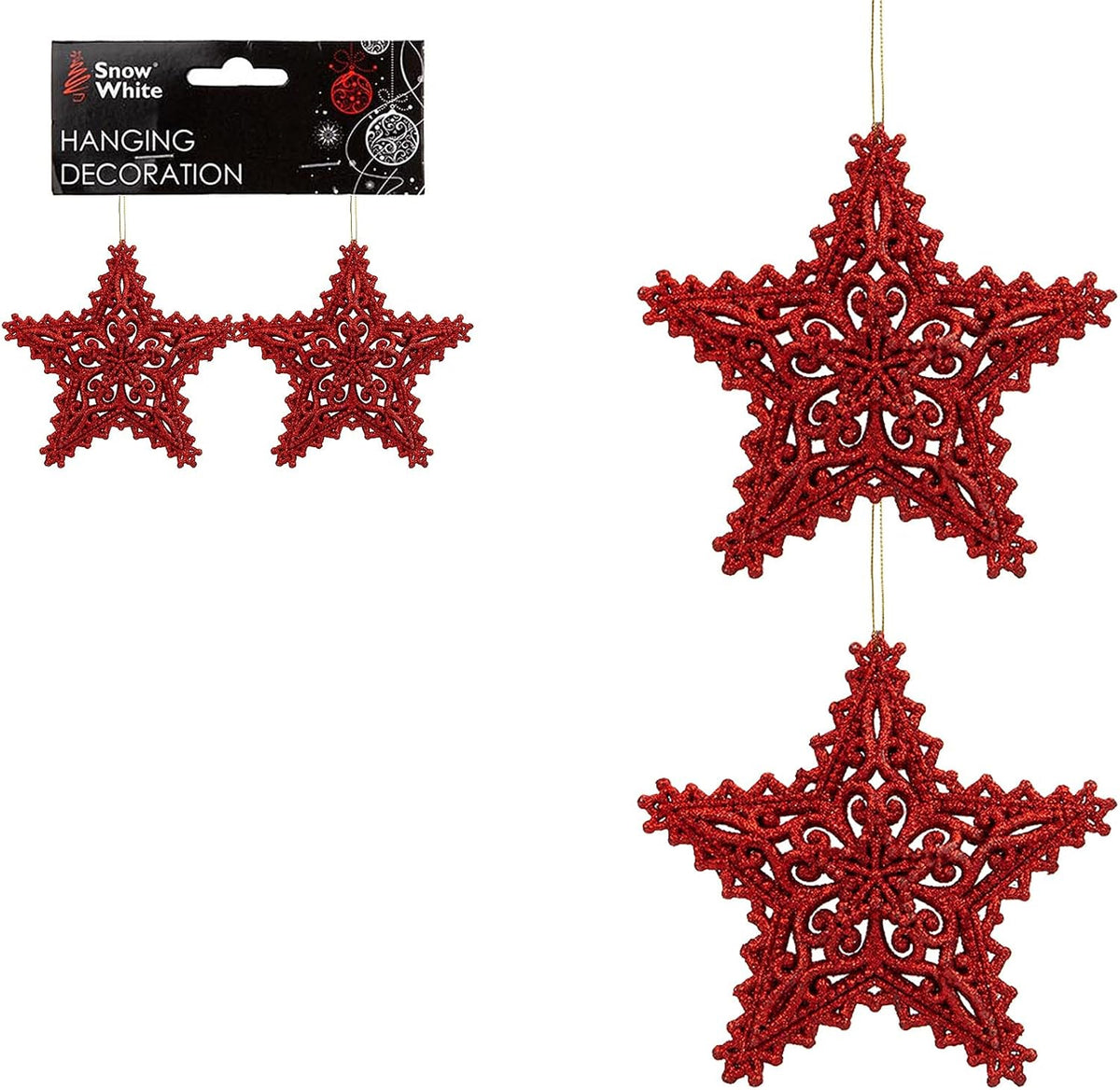 Pair of Hanging Glitter Stars Christmas Decorations in Red, Rose Gold, Gold, Silver, and Ice Blue