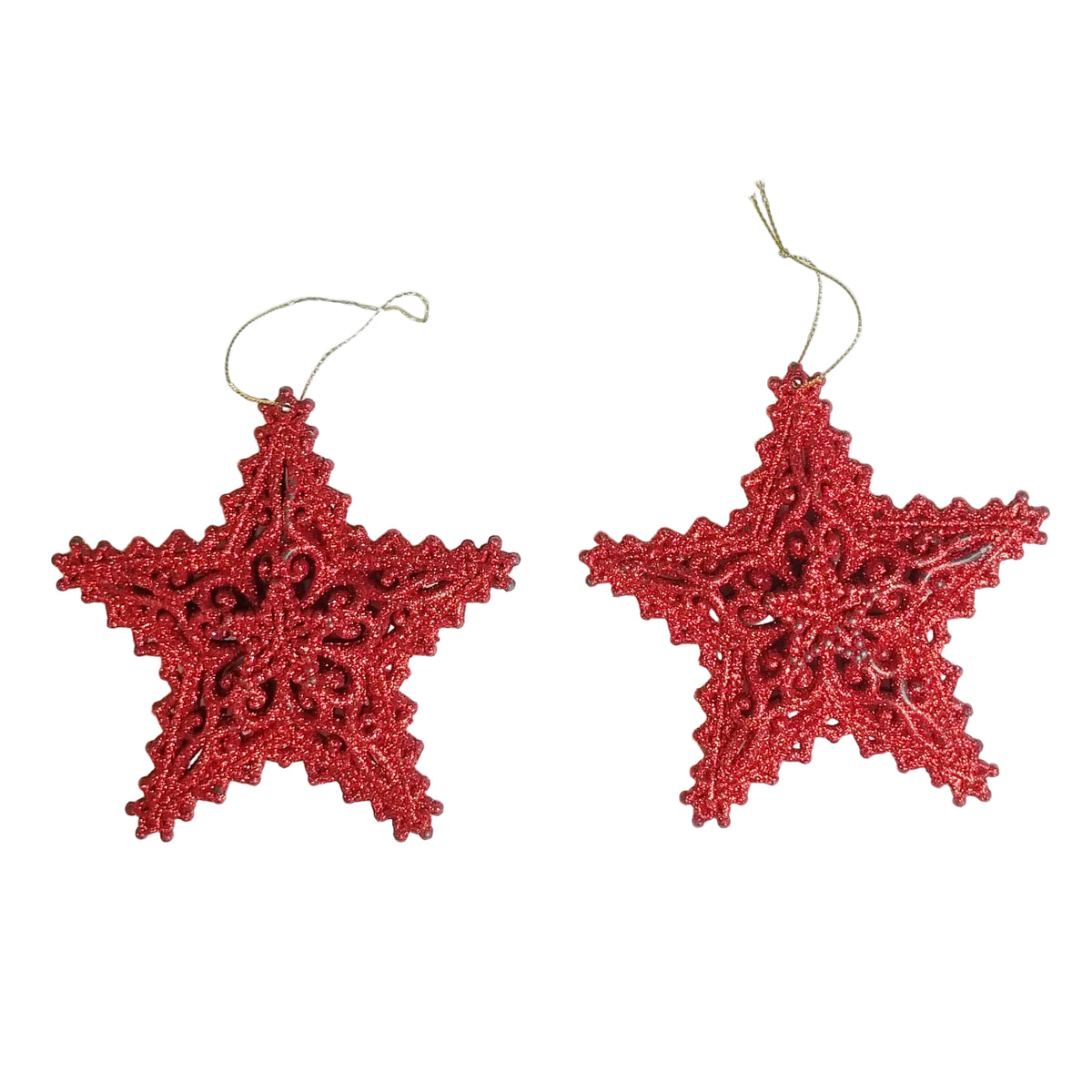 Two red glittery star-shaped Christmas ornaments with hanging loops, displayed on a plain white background.
