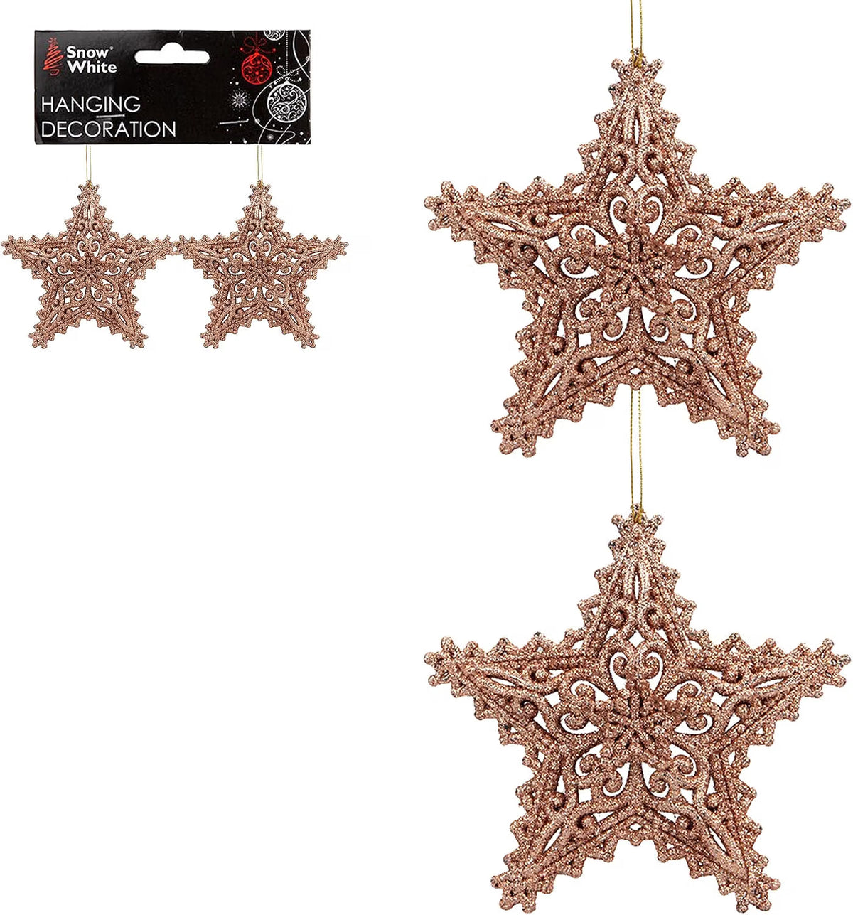 Pair of Hanging Glitter Stars Christmas Decorations in Red, Rose Gold, Gold, Silver, and Ice Blue