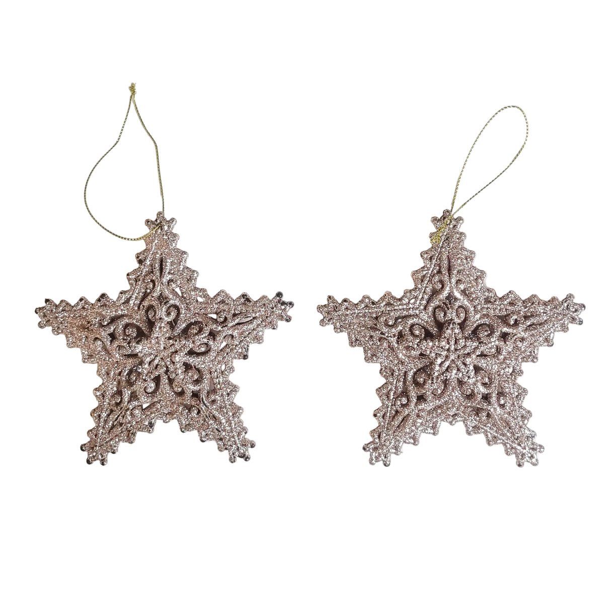 Two ornate star-shaped Christmas ornaments in a metallic rose gold, shown side by side on a plain white background.