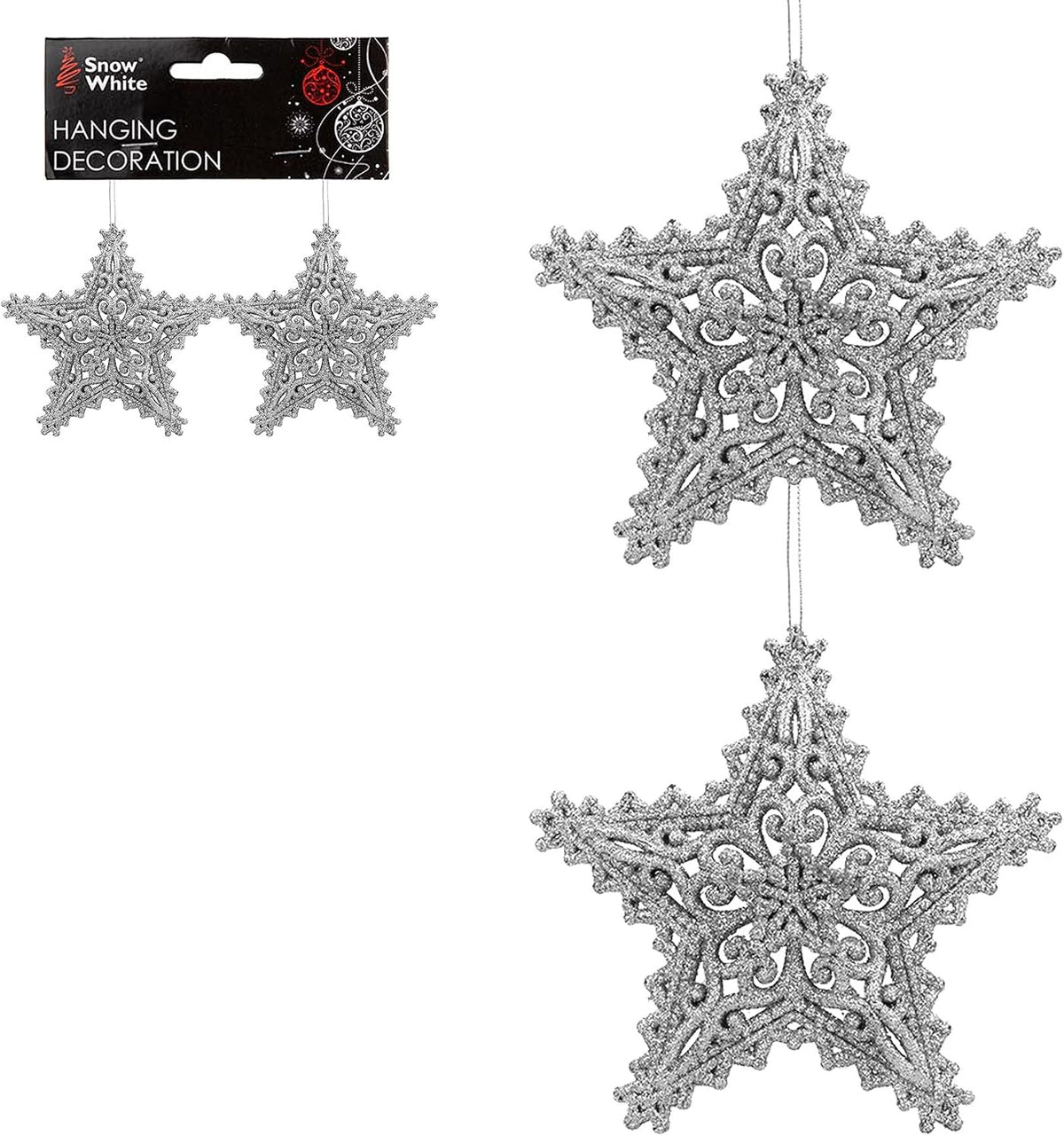 Pair of Hanging Glitter Stars Christmas Decorations in Red, Rose Gold, Gold, Silver, and Ice Blue