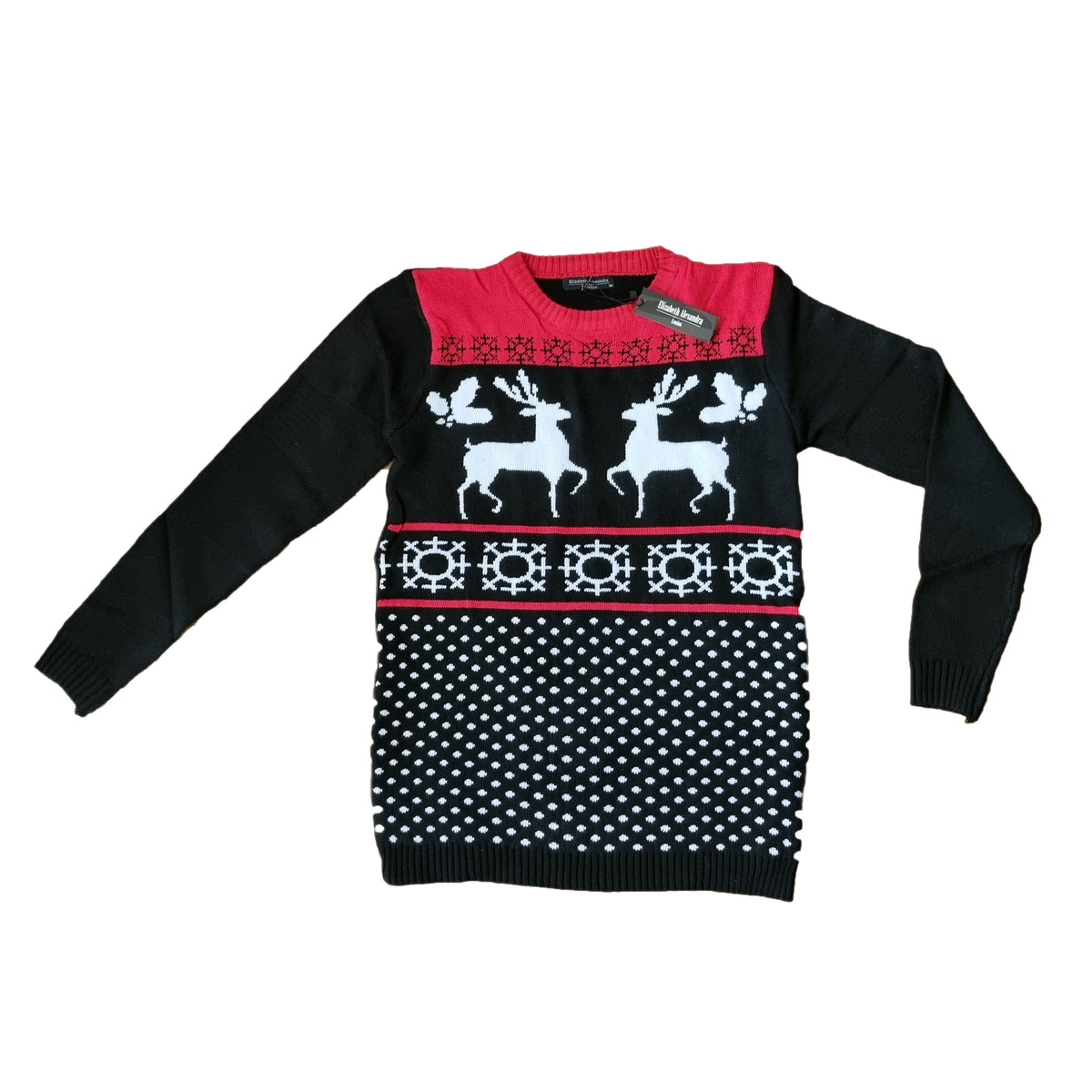 A black long-sleeve Christmas sweater with a red yoke and white festive graphics, including two reindeer and snowflake patterns, laid flat on a white background.