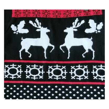 A close-up of a black knit Christmas sweater featuring two white reindeer, white snowflake patterns, and red and white horizontal borders.