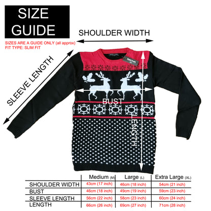 A size guide diagram for a black knit sweater with a red and white holiday pattern, showing labeled measurements for shoulder width, sleeve length, bust length, and bust. A small size table at the bottom lists measurements for Medium, Large, and Extra Large.