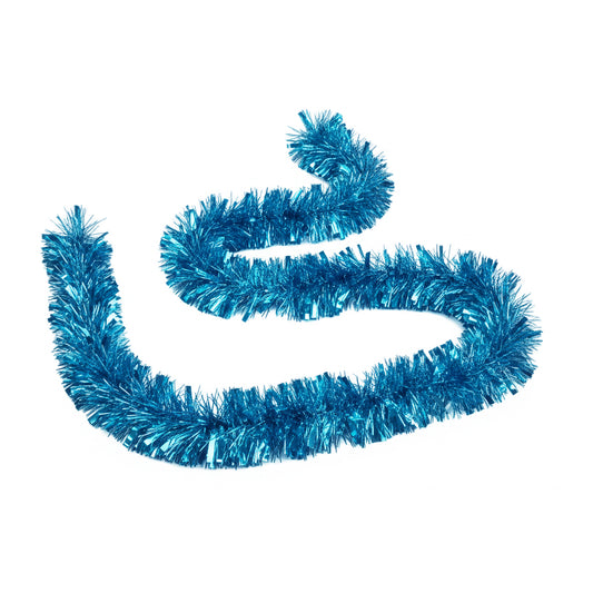A coiled teal blue tinsel garland on a solid white background.