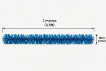 Load image into Gallery viewer, Blue metallic tinsel garland shown on a white background with dimension labels indicating a length of 2 metres (6.5ft) and a width of 10cm (3.
