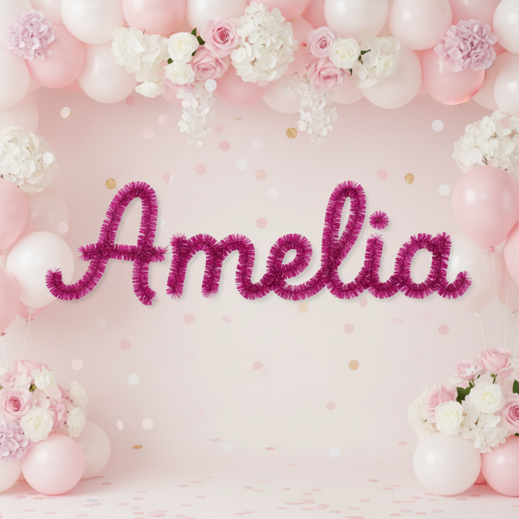 Personalized party backdrop with the name 'Amelia' spelled in large magenta tinsel letters, surrounded by pastel pink and white balloons, white and pink flowers, and scattered confetti on a light pink background.