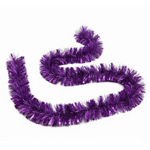 Load image into Gallery viewer, A coiled purple metallic tinsel garland on a plain white background.
