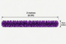 Load image into Gallery viewer, Purple metallic tinsel garland shown horizontally with measurement labels indicating a length of 2 metres (6.5ft) and a width/thickness of 10cm (3.
