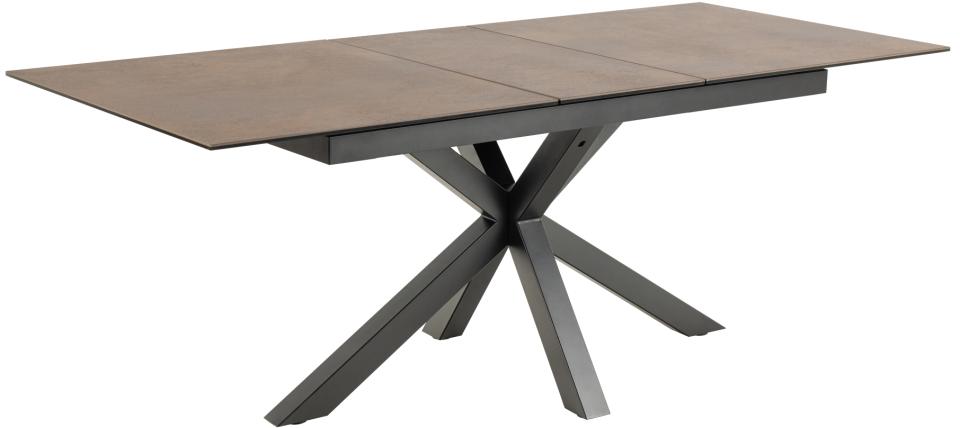 Brown ceramic dining table with metal base on a white background