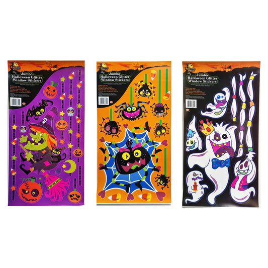 3 packs of multicoloured halloween glitter window stickers in their retail packaging on white backgrounds featuring witches spiders and a ghost
