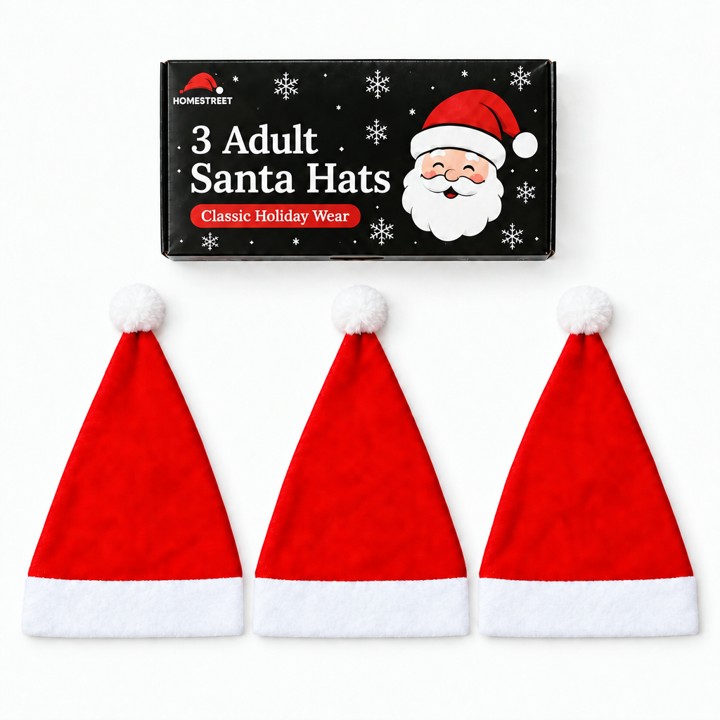 Three red and white Santa hats arranged horizontally below their black retail box, which features a Santa illustration and the text '3 Adult Santa Hats Classic Holiday Wear' on a clean white background.