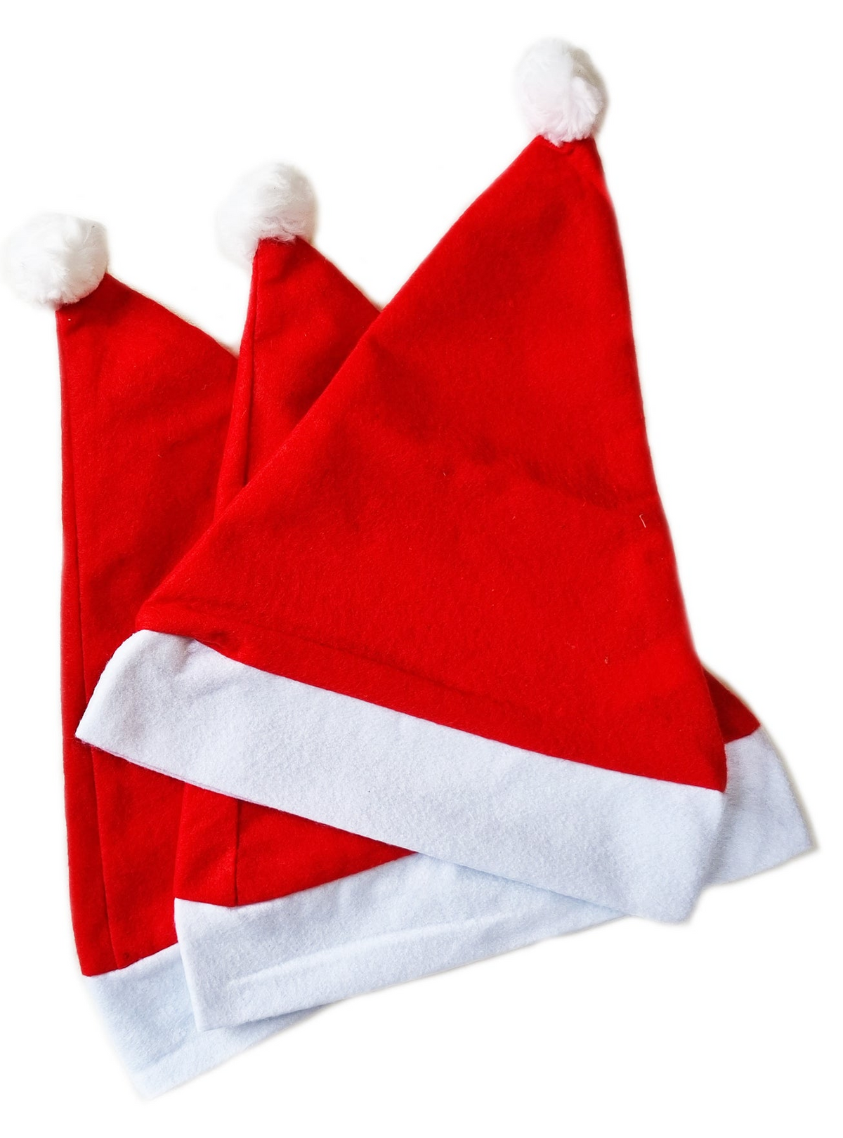 Three red felt Santa hats with white trim and white pom-poms, arranged overlapping on a plain white background.