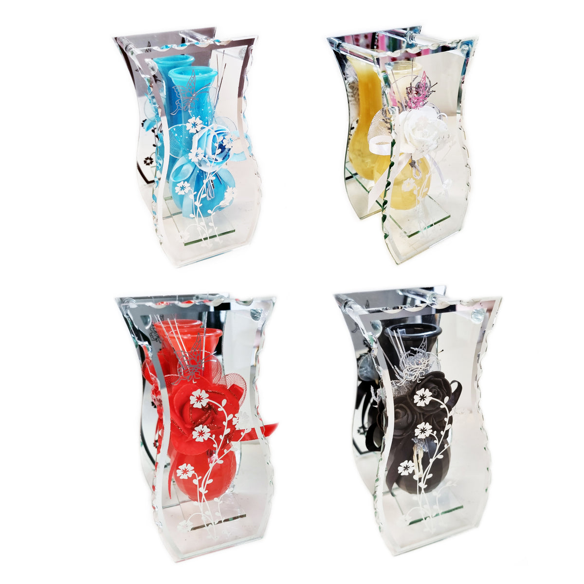 4 colours of mirrored glass vases