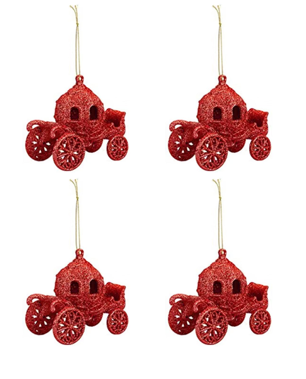 Red Glitter Fairy-tale Carriages Christmas Tree Decoration Set of 4 -All over Glittery Princess Carriages