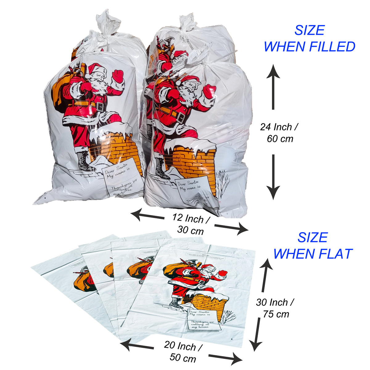 White plastic holiday gift bags with a colorful Santa Claus graphic, shown filled and laid flat with size measurements labeled in blue text.