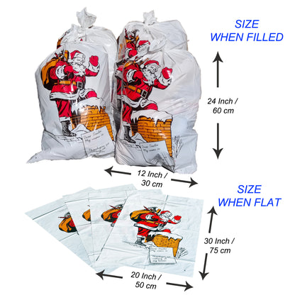 White plastic holiday gift bags with a colorful Santa Claus graphic, shown filled and laid flat with size measurements labeled in blue text.