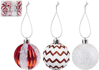 Red and White Candy Cane Theme Luxury 6cm Baubles, Matt and Shiny with Glitter and Texture Detail, Pack of 24