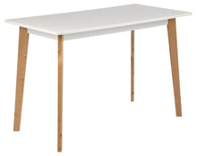 Load image into Gallery viewer, White table with wooden legs on a white background
