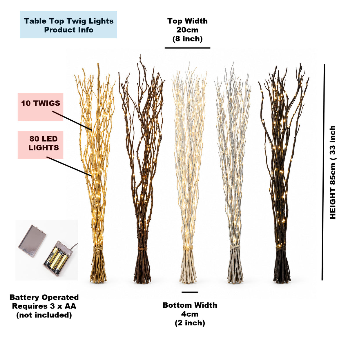 A product infographic showing four tabletop twig string light bundles in different colors (gold, brown, white, silver) with dimensions labeled for top width, bottom width, and overall height, plus a small inset showing the battery requirement.