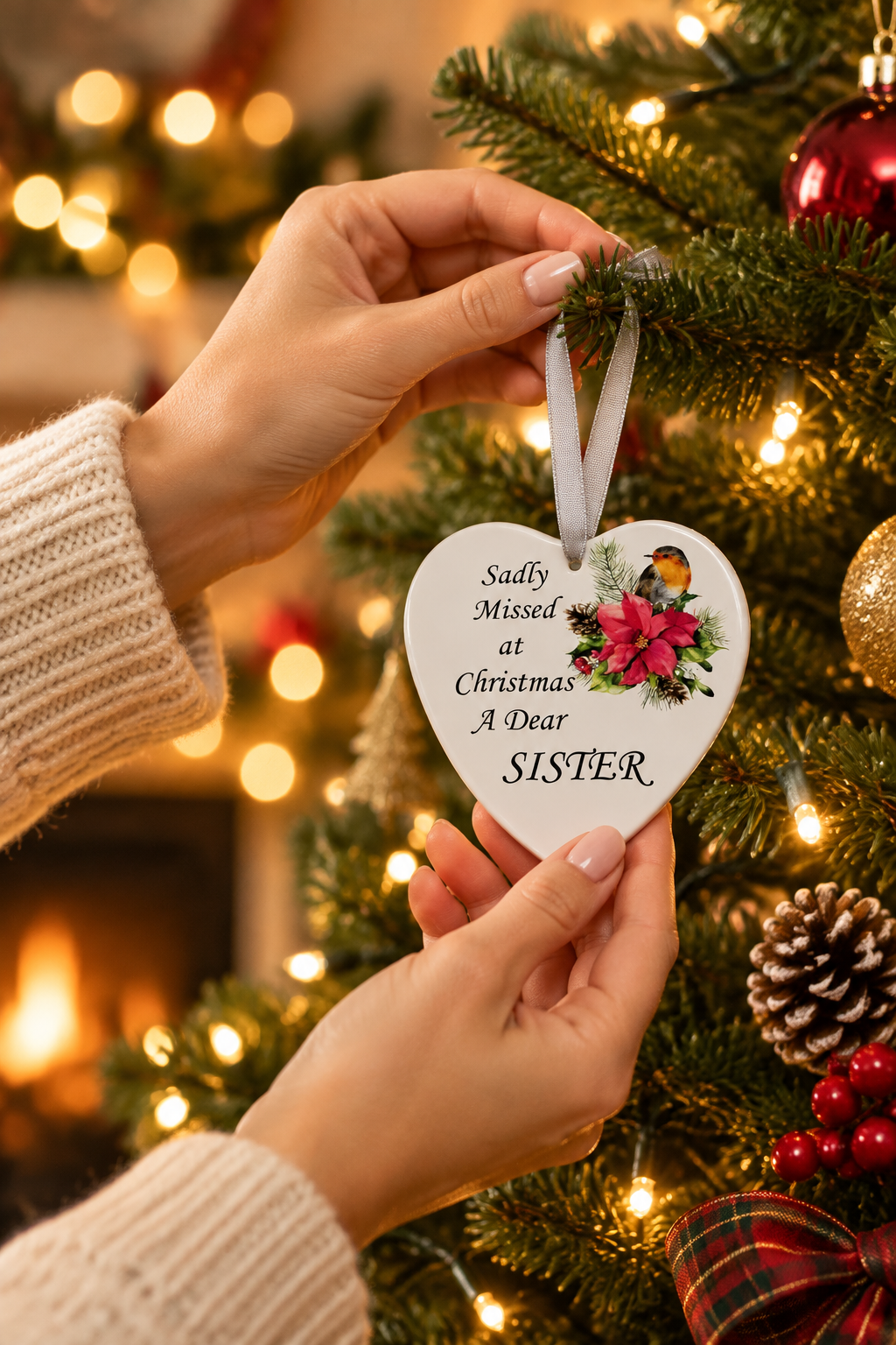 Someone hanging a memorial glass heart on a Christmas tree that says 'sadly missed at Christmas a dear SISTER'