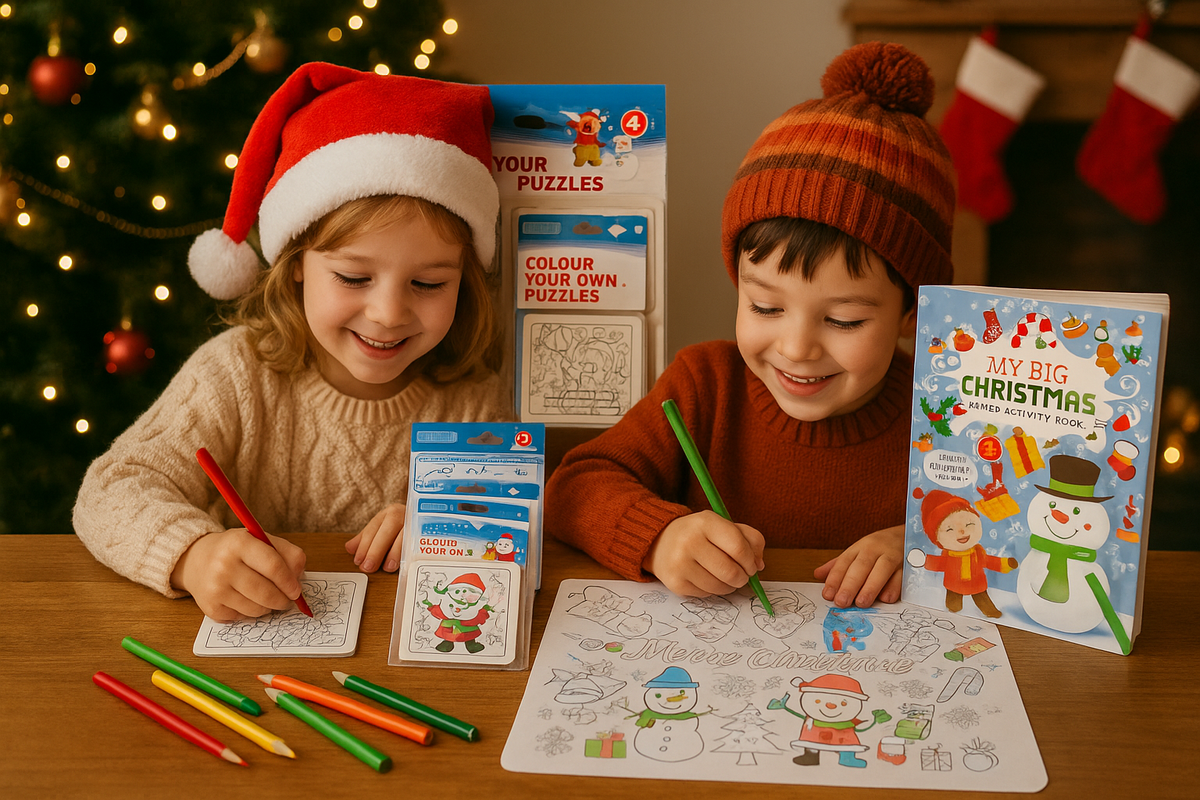 Two children wearing Santa hats sit at a table with Christmas-themed coloring activities. The scene includes a large 'My Big Christmas' coloring book, smaller activity sheets, colored pencils, stockings, and a decorated Christmas tree in the background.