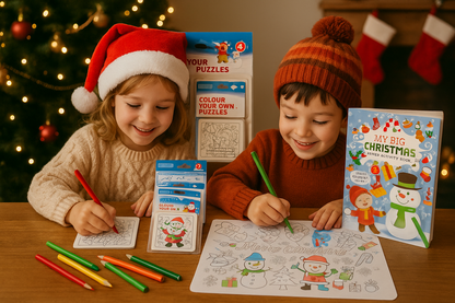 Two children wearing Santa hats sit at a table with Christmas-themed coloring activities. The scene includes a large 'My Big Christmas' coloring book, smaller activity sheets, colored pencils, stockings, and a decorated Christmas tree in the background.
