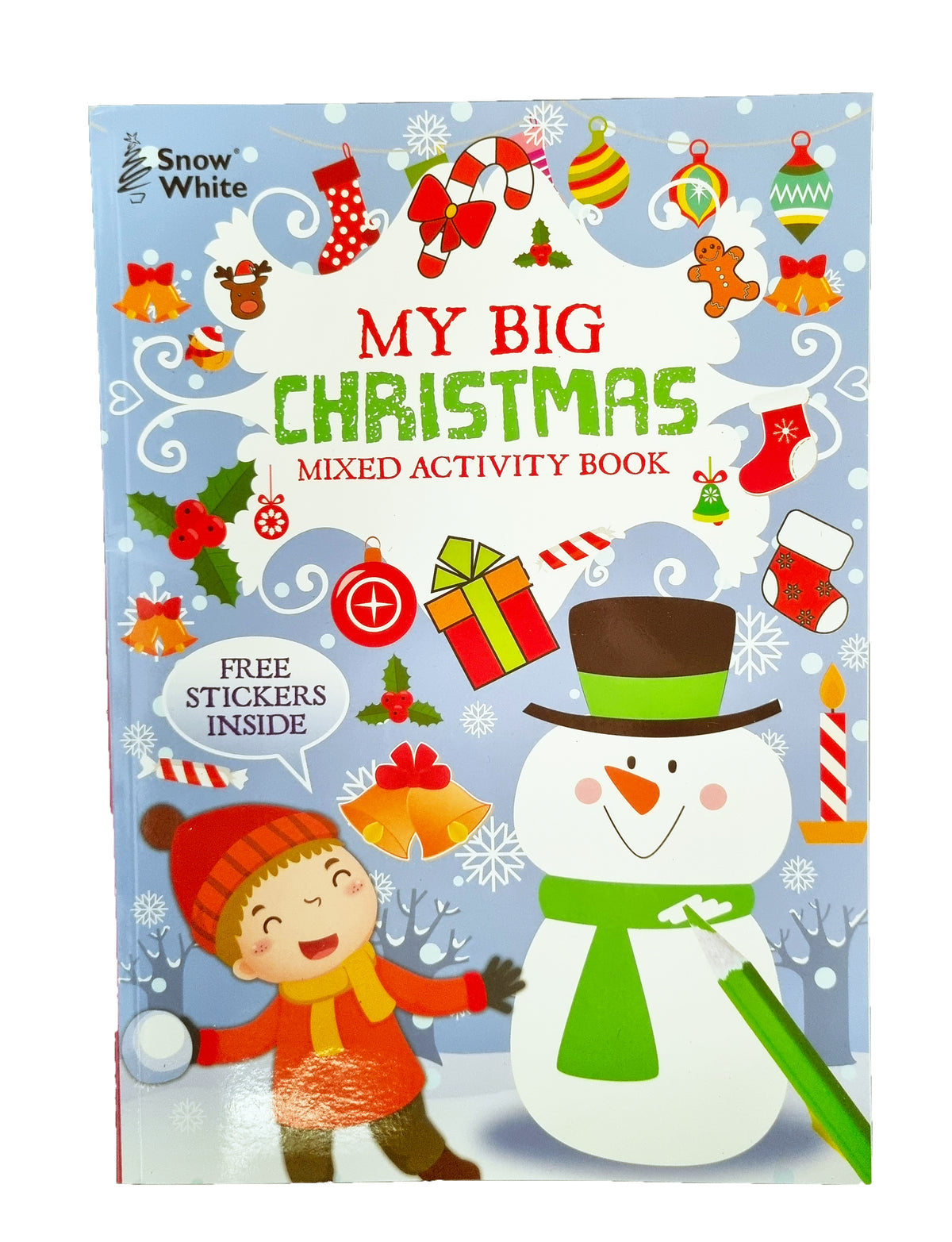 Children's activity book titled 'My Big Christmas' with a snowman and child illustration on a blue background.