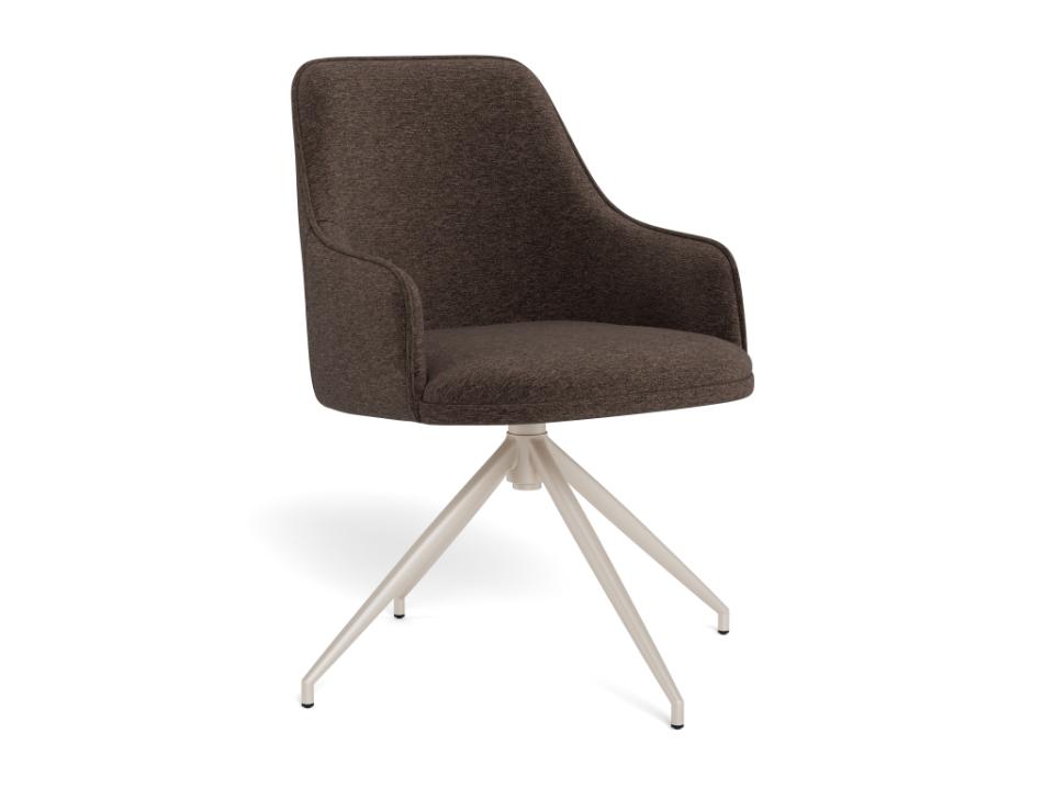 Brown upholstered chair with a white swivel base on a white background