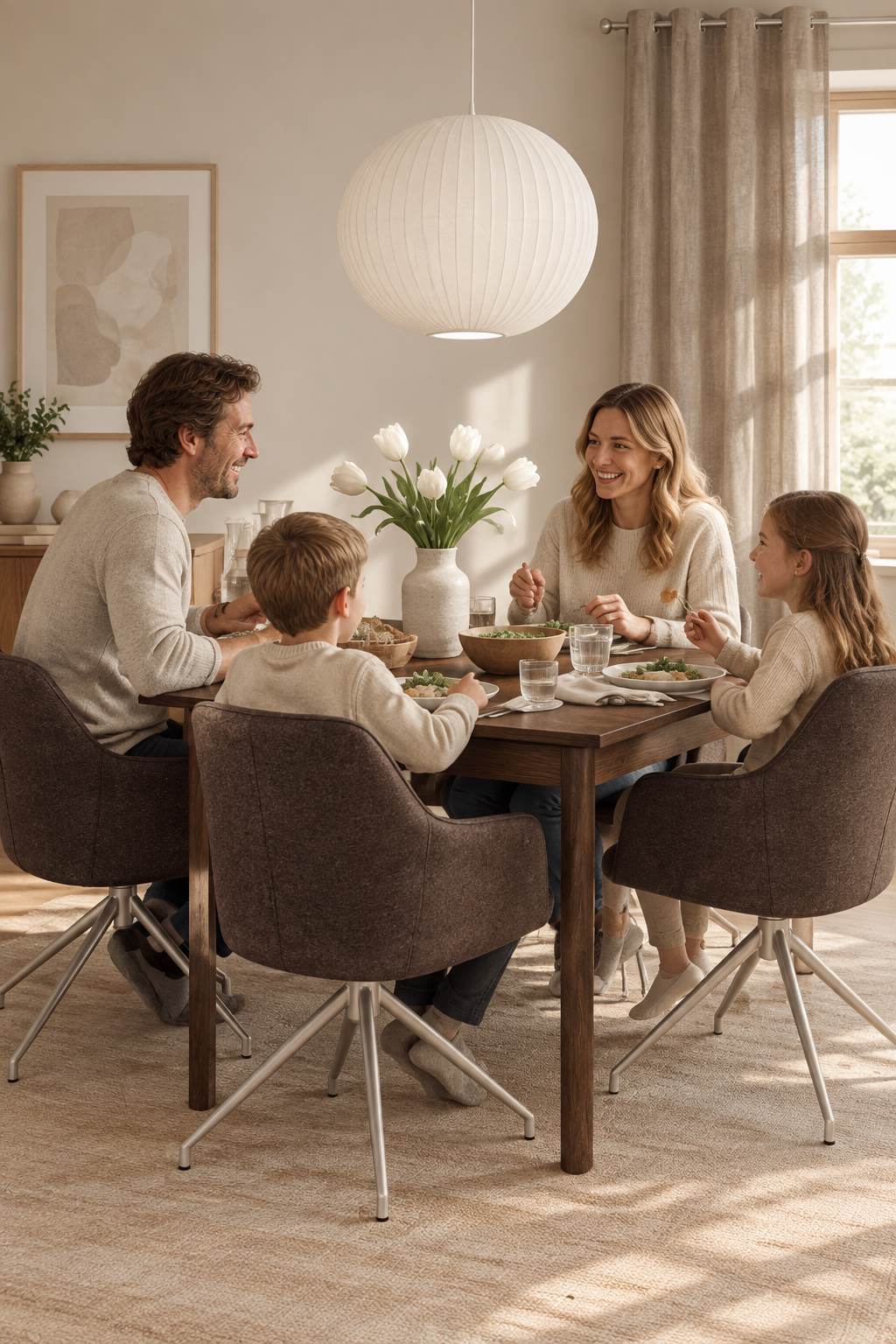 A family of four sits around a wooden dining table in a bright, modern dining room. They are seated on dark brown upholstered swivel chairs with chrome legs.