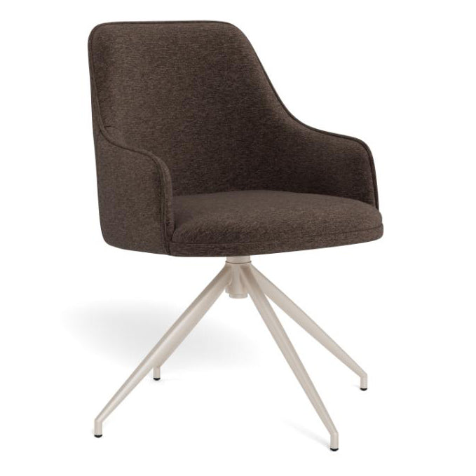 A modern swivel dining chair upholstered in dark brown textured fabric, featuring a curved backrest and seat, supported by a white metal four-star base, shown against a plain white background.