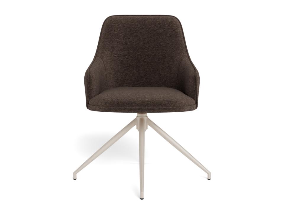 A modern swivel armchair with a textured dark brown upholstered seat and backrest, supported by a four-star metallic silver base, shown against a plain white background.