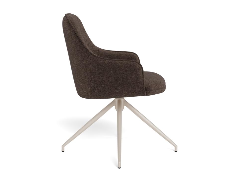 Brown upholstered chair with metal swivel base on a white background